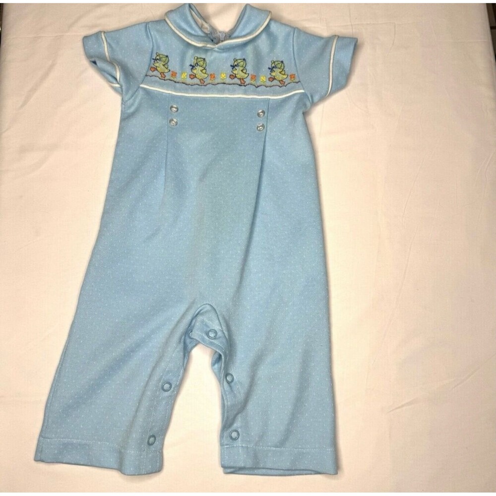 Vintage Carters Duck One Piece 9 Months Jumpsuit Blue Knit‎ Embroidered Ducks